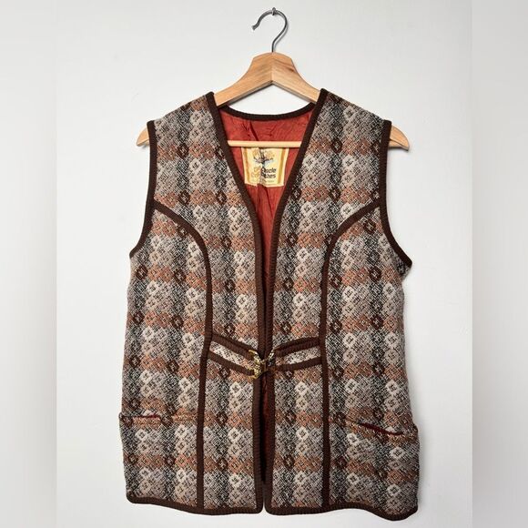 Dillard Coracle Vintage Size S Brown Tan Woven Wool Vest Lined Welsh boho Aztec - Picture 1 of 15